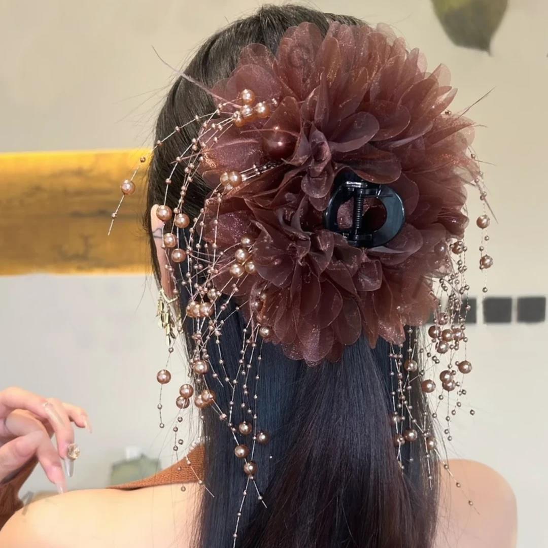 羽毛珠珠流苏花朵发夹蓬松牡丹花抓夹显发量鲨鱼夹子气质头花发饰