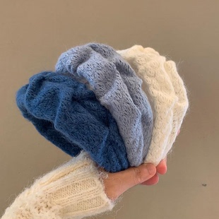 奶蓝色系~软糯褶皱白色毛线发箍女宽边高颅顶高级感温柔发卡头箍