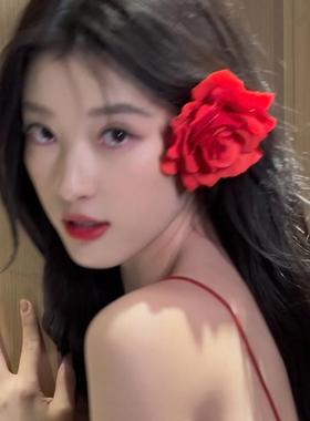 复古红色玫瑰花朵大红花头饰发夹边夹侧边碎发卡牡丹花夹子头花女