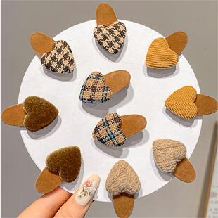 百搭咖色系丝绒格纹爱心植绒发夹少女百搭侧边夹碎发刘海夹鸭嘴夹