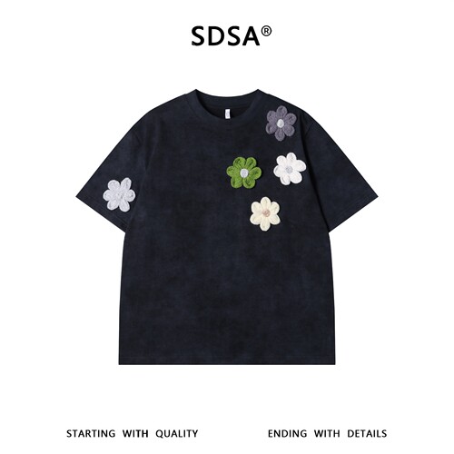 SDSA男装2026新款轻奢潮牌彩色立体花朵装饰设计圆领短袖T恤百搭