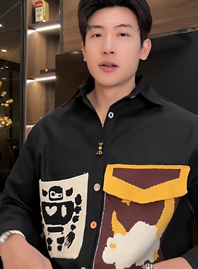 SDSA秋冬新款痞帅男装韩版简约拼接只针织口袋翻领长袖衬衫百搭