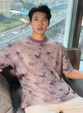 SDSA夏季高级感新款男士韩版简约撞色满印蝴蝶短袖T恤宽松T4075