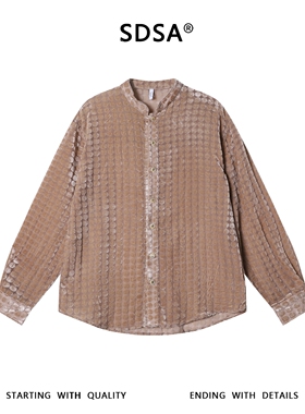 SDSA男装2026新款高贵轻奢韩系简约植绒格子设计立领长袖衬衫百搭