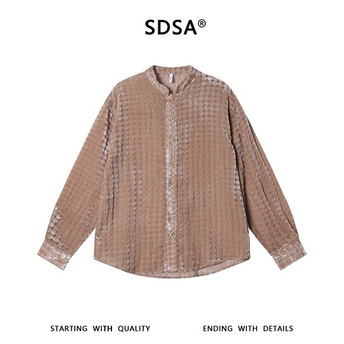 SDSA男装2026新款高贵轻奢韩系简约植绒格子设计立领长袖衬衫百搭