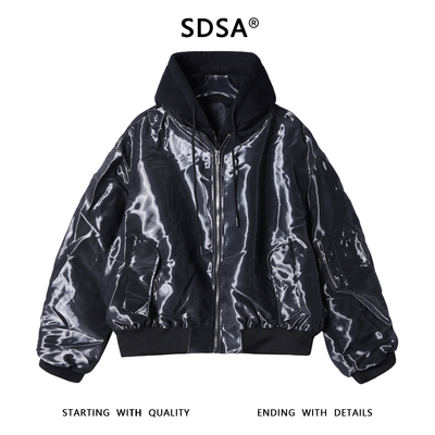 SDSA男士秋冬新款痞帅男装极简风纯色拉链拼接连帽假两件夹克外套