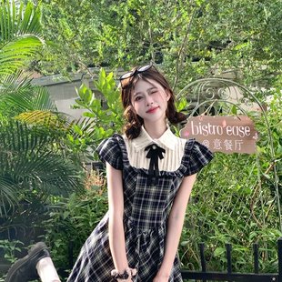 实拍大码 娃娃领甜美设计感遮肉显瘦连衣裙 短袖 格纹连衣裙2024夏季