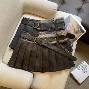 实拍 2025秋冬美式复古时尚个性麂皮绒百褶裙女低腰显瘦百搭短裙