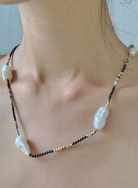 原创设计 3mm天然玉石淡水极光炫彩银蓝小巴洛克珍珠项链锁骨链