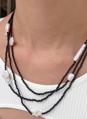 极光原创设计小众极细玛瑙天然淡水异形巴洛克珍珠项链80cm毛衣链