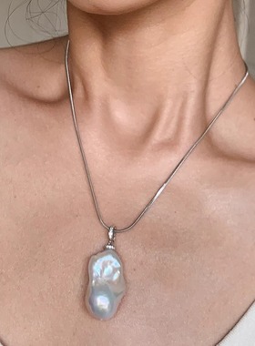 极光炫彩 纯银万能扣可调节 天然淡水巴洛克珍珠吊坠 大巴 银蓝