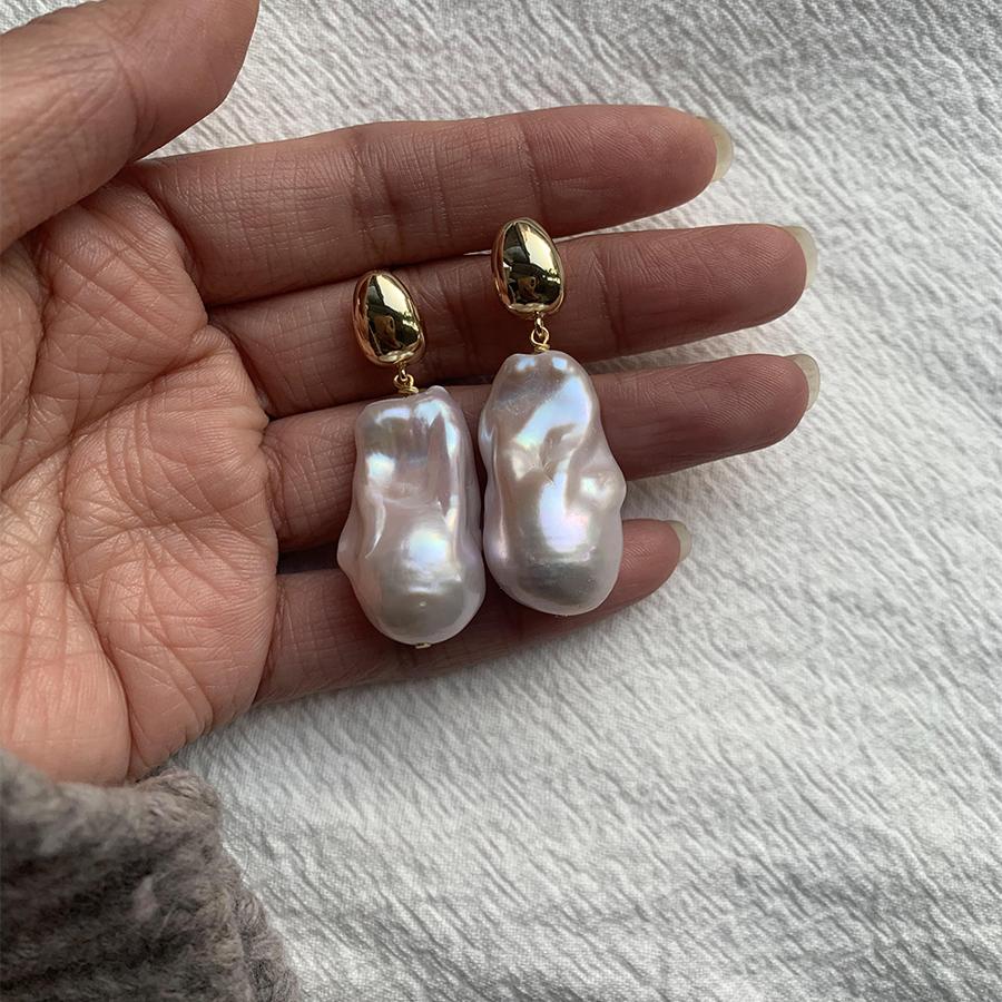 野生极光炫彩冷光银蓝 天然淡水巴洛克珍珠耳环耳钉耳夹 异形