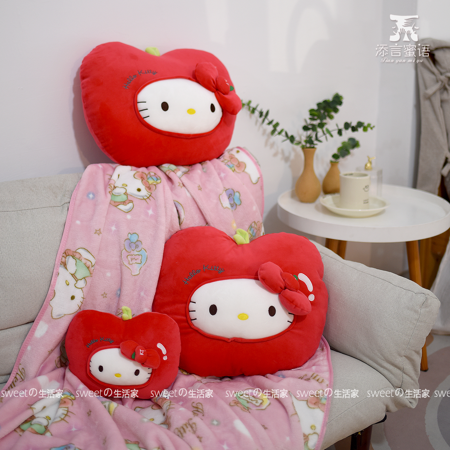 添言蜜语苹果猫毛毯抱枕车枕