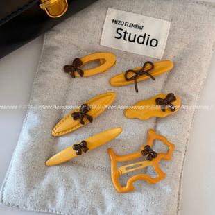 刘海夹侧边鸭嘴夹头饰发饰新款 黄色系咖蝴蝶结发夹女新款 简约个性