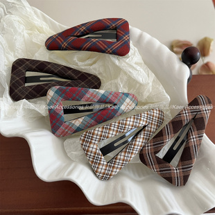 复古学院风磨毛几何三角格纹发夹BB夹布艺刘海碎发边夹女发饰新款