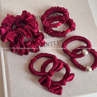 喜庆红色新年款褶皱布艺发圈高弹力头绳扎头发肠圈发绳发饰新款