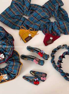 红蓝黄色格纹布艺樱桃发夹盘发鸭嘴夹清新甜美刘海侧边夹发箍发饰