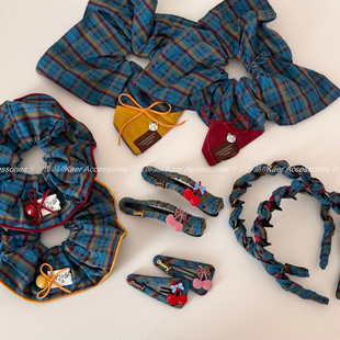 红蓝黄色格纹布艺樱桃发夹盘发鸭嘴夹清新甜美刘海侧边夹发箍发饰