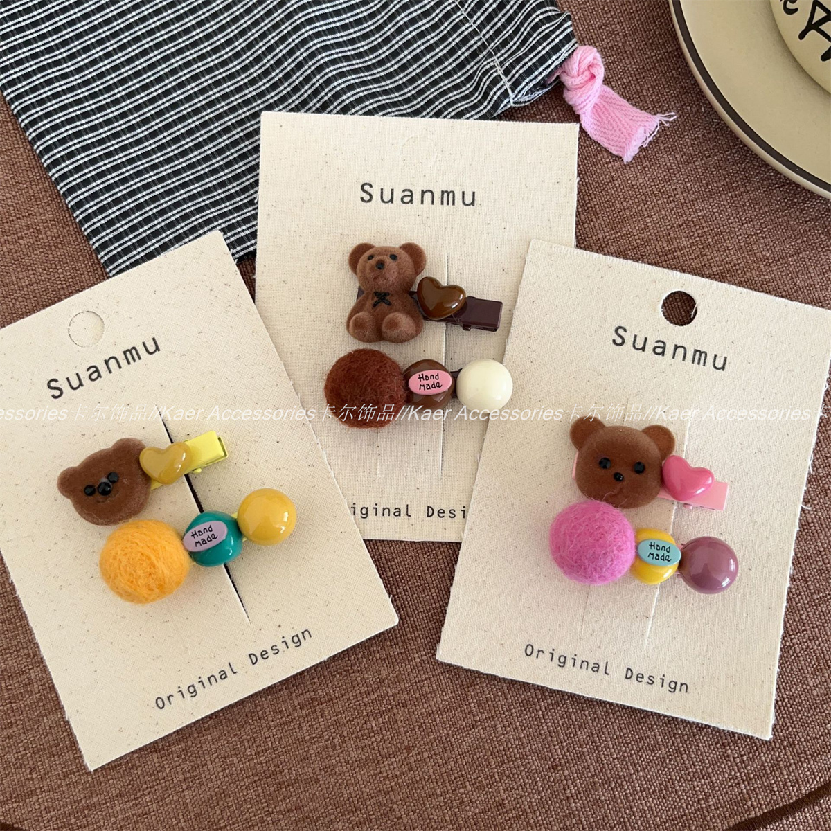 羊毛毡植绒小熊毛毡球发夹