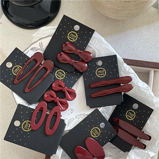 气质轻奢 质感金属一字夹鸭嘴夹侧边夹 酒红色合金蝴蝶结发夹对夹