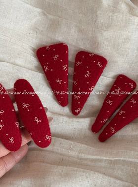 新年红色蝴蝶结发夹高级感精致毛呢布艺bb夹刘海侧边夹头饰发饰女