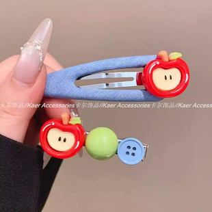 牛仔蓝卡通苹果可爱发夹爱心蝴蝶结发卡头饰侧边刘海夹子发饰新款