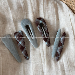 韩版 复古简约蓝色系格纹布艺发夹网红气质刘海夹侧边bb夹百搭发卡
