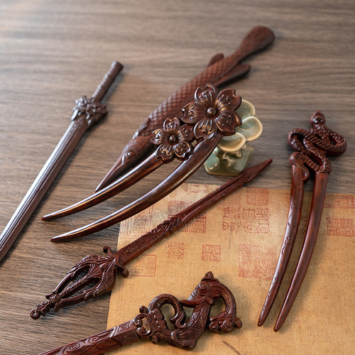 Zang又一雪 双面雕犀角紫檀木簪 盘发簪子u型钗女头饰新中式古风