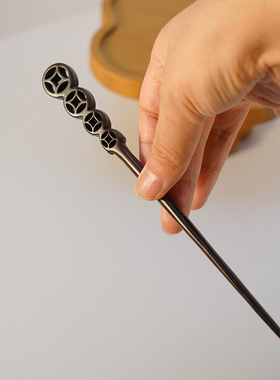 Zang又一雪 有钱花 铜钱发簪檀木新中式高级感古风簪子盘发约18cm