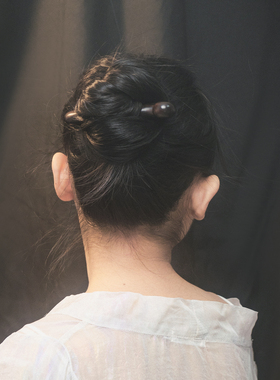 Zang又一雪 翘双尖木簪 原创反扣式盘发宽月长款兔鱼黑绿檀木簪子