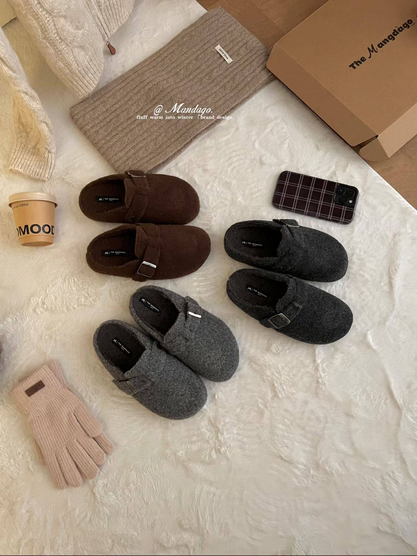 THEMANDAGO芒大果复古毛毡加绒勃肯鞋一脚蹬保暖棉瓢鞋毛呢乐福鞋