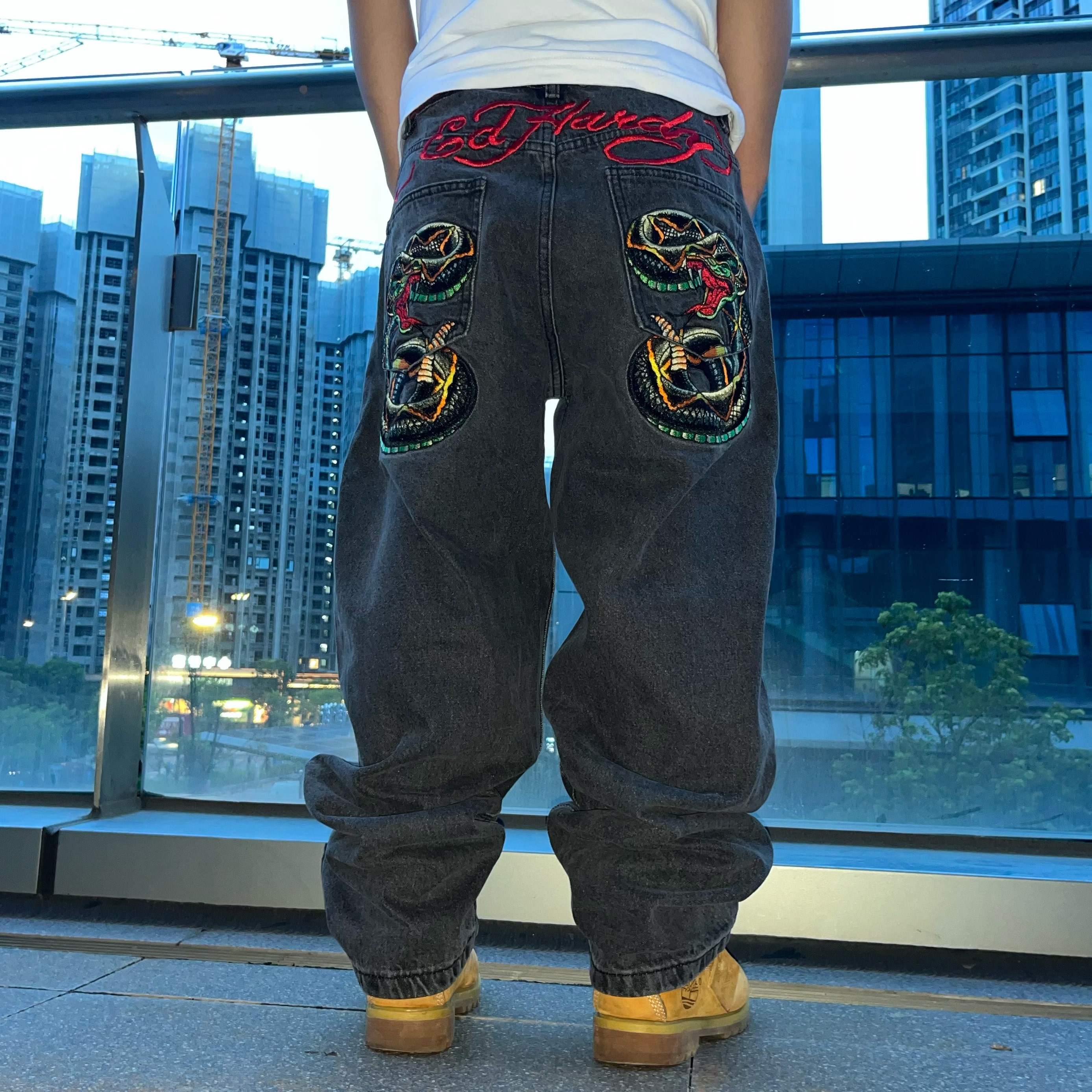 外贸古着Y2K宽松大码hiphop说唱直筒牛仔裤美式宽松重磅刺绣长裤
