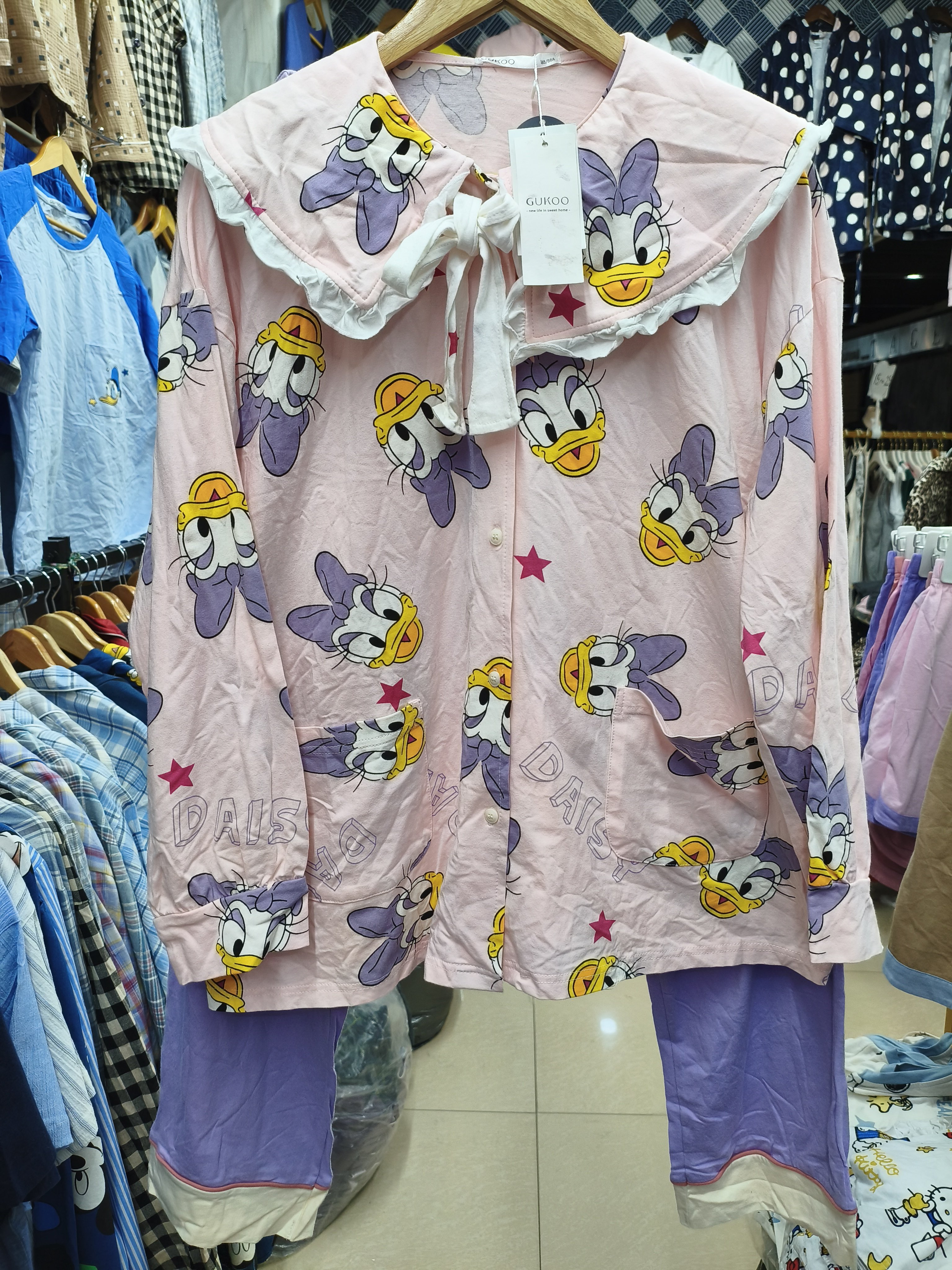 春秋薄款新品针织全棉女士长袖长裤睡衣家居服套装带兜粉紫色黛西