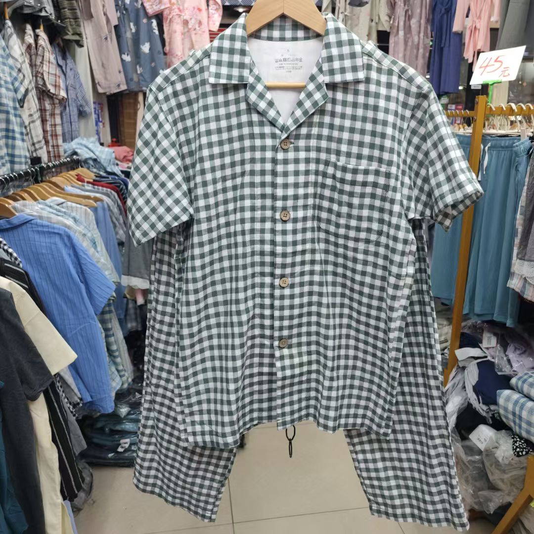 日单外贸全棉吸汗双层纱布短袖长裤睡衣男士家居服套装格子条纹