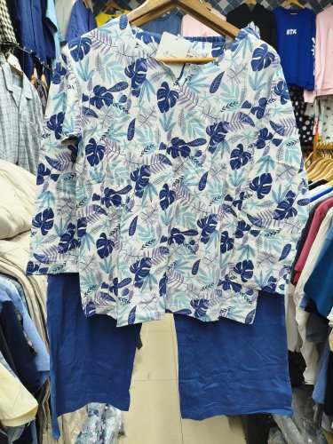 新品外贸日单春夏针织汗布全棉女九分袖阔腿裤套头睡衣家居服套装