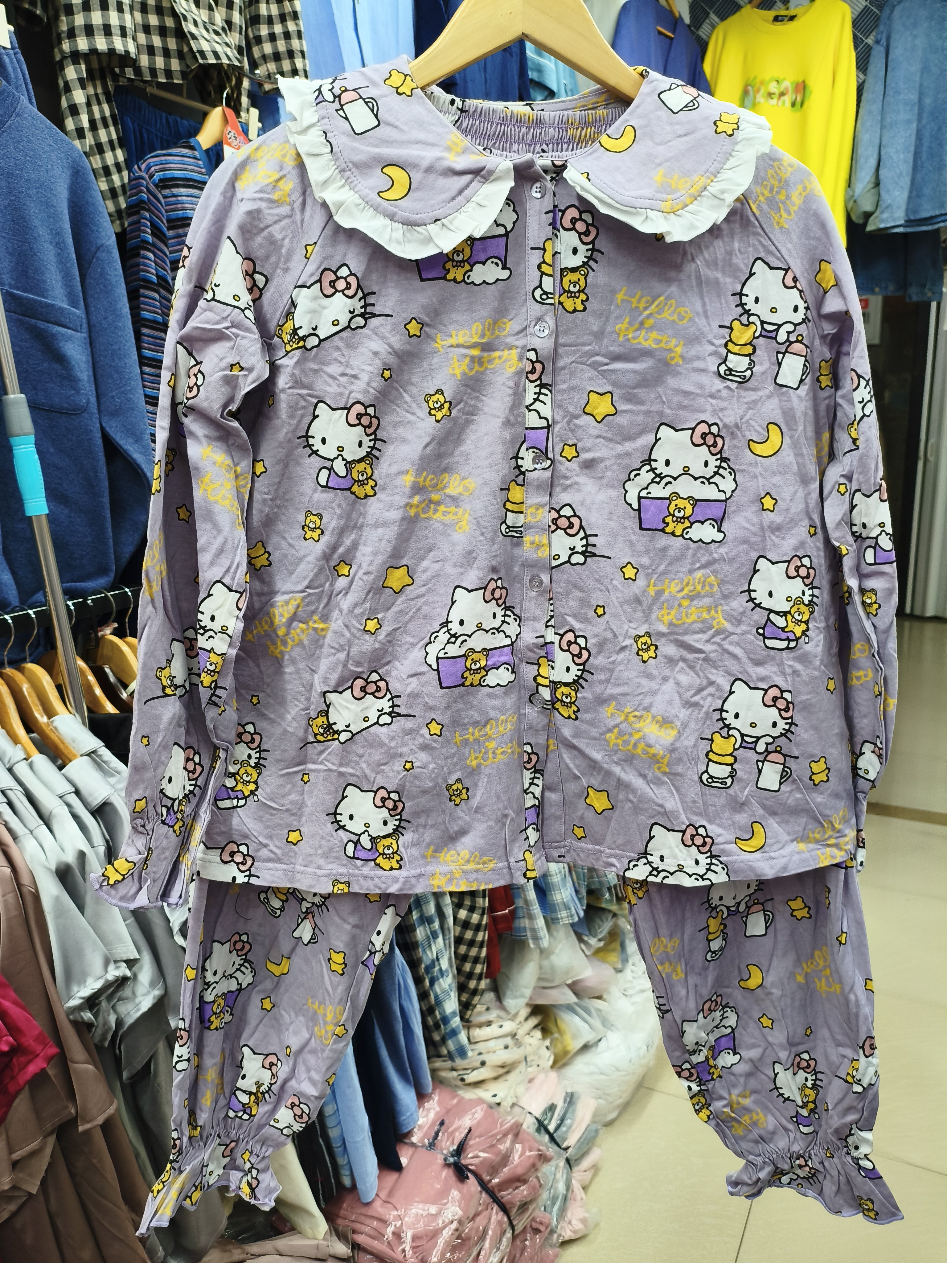 2色春秋新品针织全棉卡通翻领开襟女长袖长裤睡衣家居服套装带兜