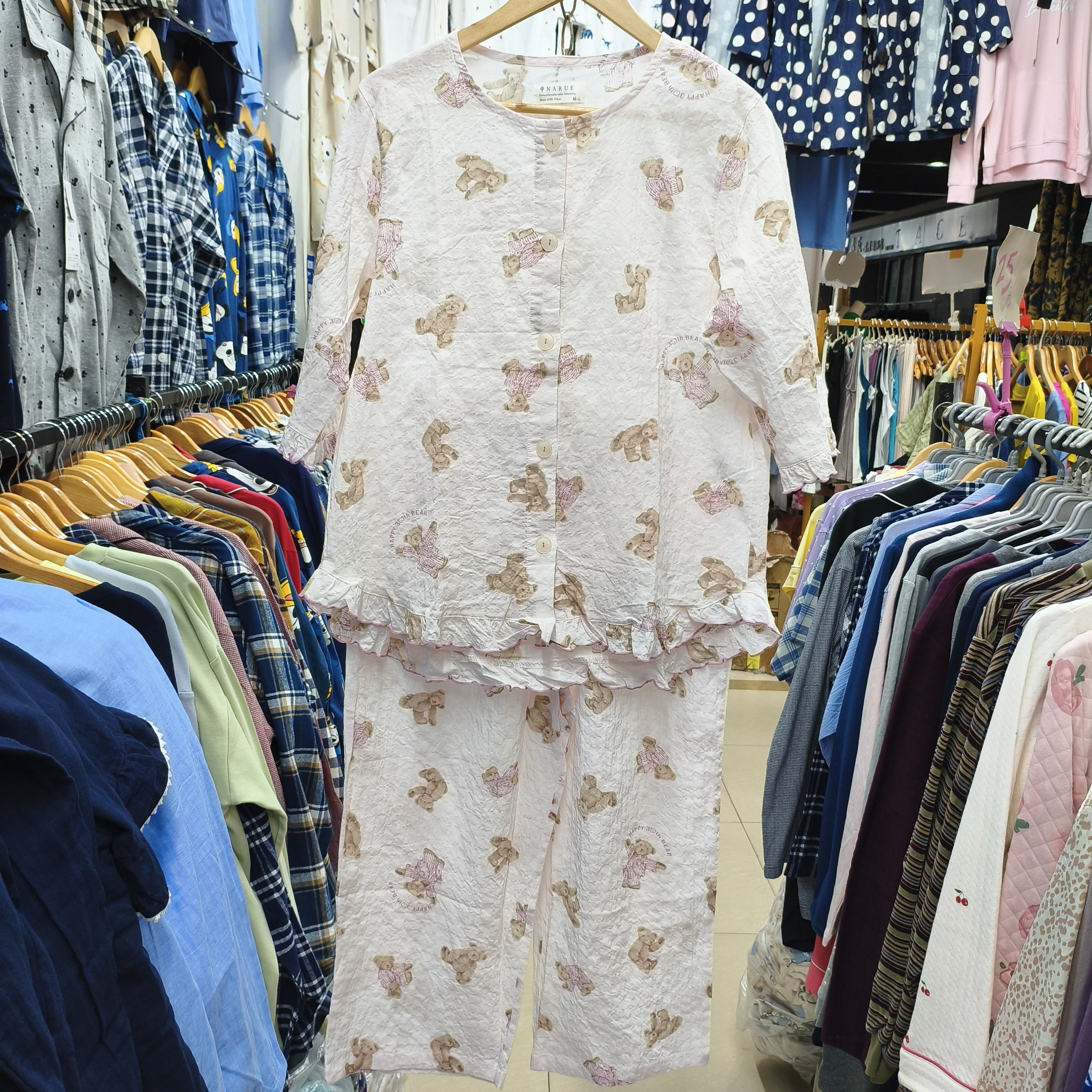 新品日单外贸泡泡纱全棉布可爱粉熊女夏中袖七分裤睡衣家居服套装
