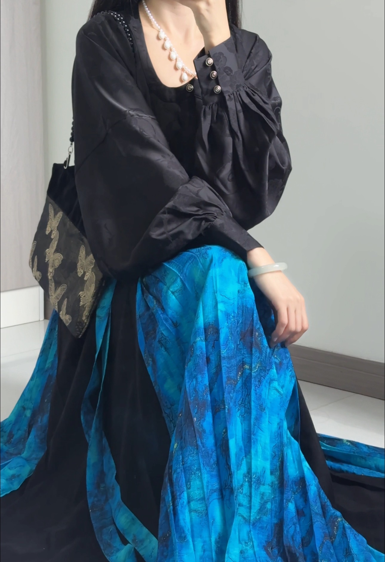 画堂春【夜宴惊蓝】三裥裙鸡心领宋制珍珠汉元素气场姐系显高瘦