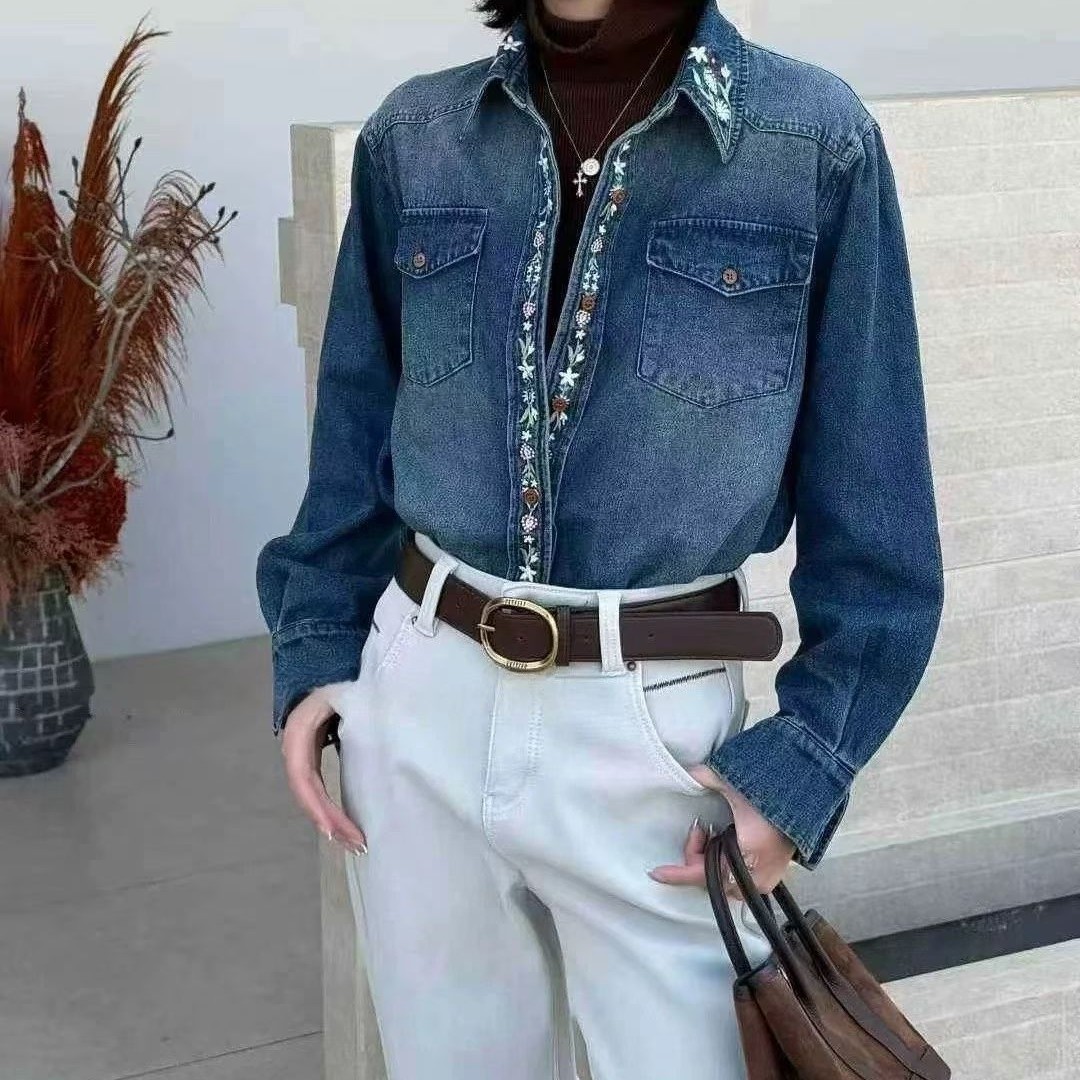欧货2026春季新款复古港风刺绣牛仔衬衫女长袖翻领宽松显瘦上衣潮,女装/女士精品,衬衫,淘宝优惠券,粉丝福利购,淘宝优惠卷