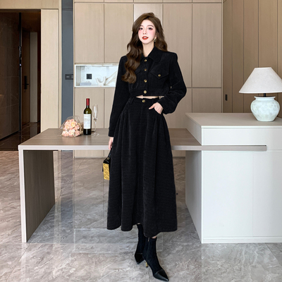 2025秋冬加厚灯芯绒甜酷POLO领短款西装外套中长款半身裙套装