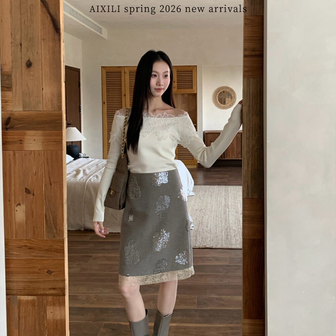 2026年早春重工钉珠亮片高级感拼接设计半身裙百搭显瘦中裙半身裙,女装/女士精品,半身裙,淘宝优惠券,粉丝福利购,淘宝优惠卷