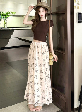 小个子夏季新款荷叶边网纱碎花波点高腰半身裙