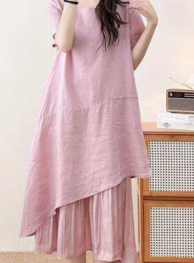 26年夏款连衣裙女套头圆领纯亚麻宽松休闲韩版中长款裙子拼接时尚