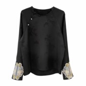 女秋款 打底衫 国风长袖 T恤复古唐装 搭配马夹 圆领套头小衫 新中式