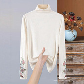 上衣气质百搭薄绒小衫 女秋冬半高领长袖 国风刺绣提花打底衫 新中式