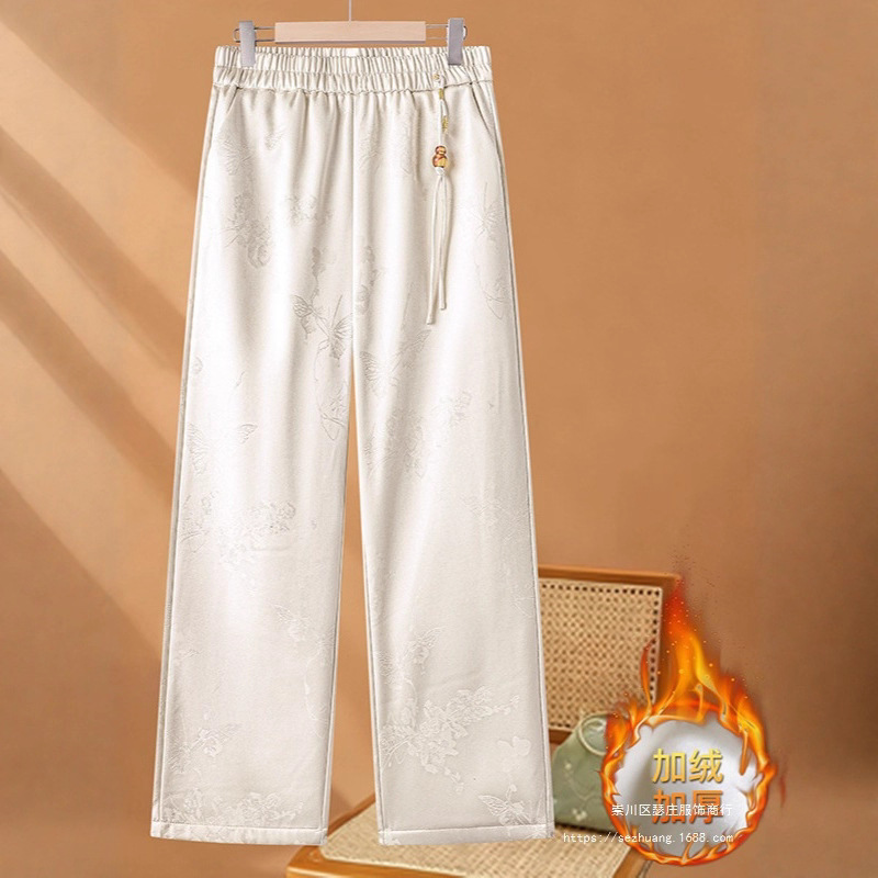 国风加绒裤子洋气提花新中式女裤冬季保暖长裤松紧高腰显瘦直筒裤