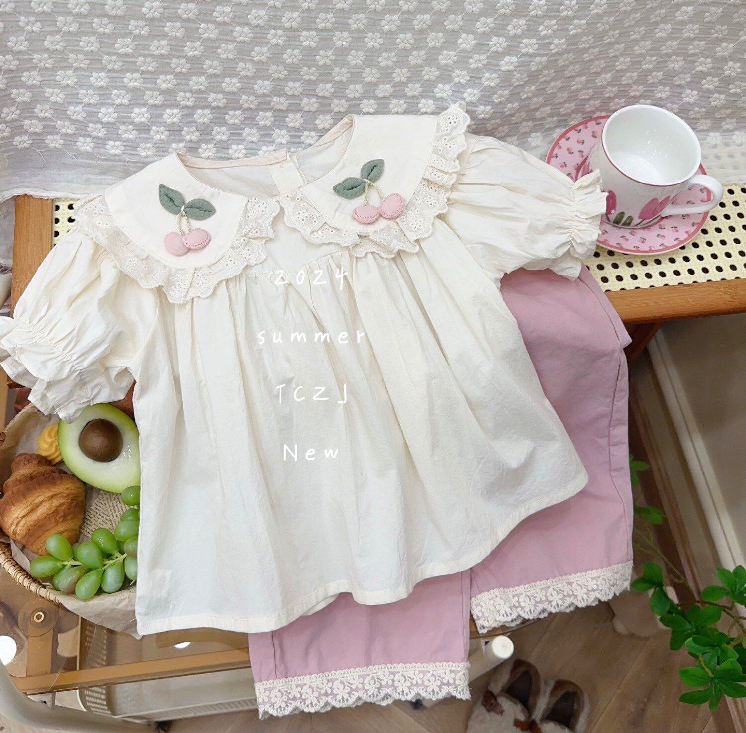 女童娃娃衫2024夏季新款韩系甜美可爱宽松短袖衬衫小女孩棉布上衣