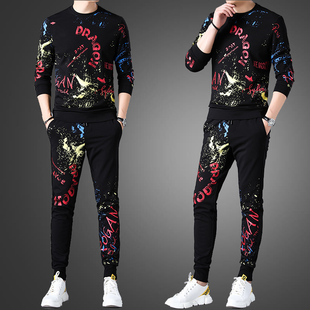 韩版 潮运动裤 卫衣套装 子社会印花卫衣秋季 两件套薄 男2022新款 男士