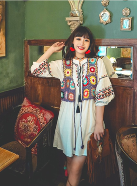 钩花民族风马甲背心女开衫镂空小个子外穿旅游拍照短款手工编织衫