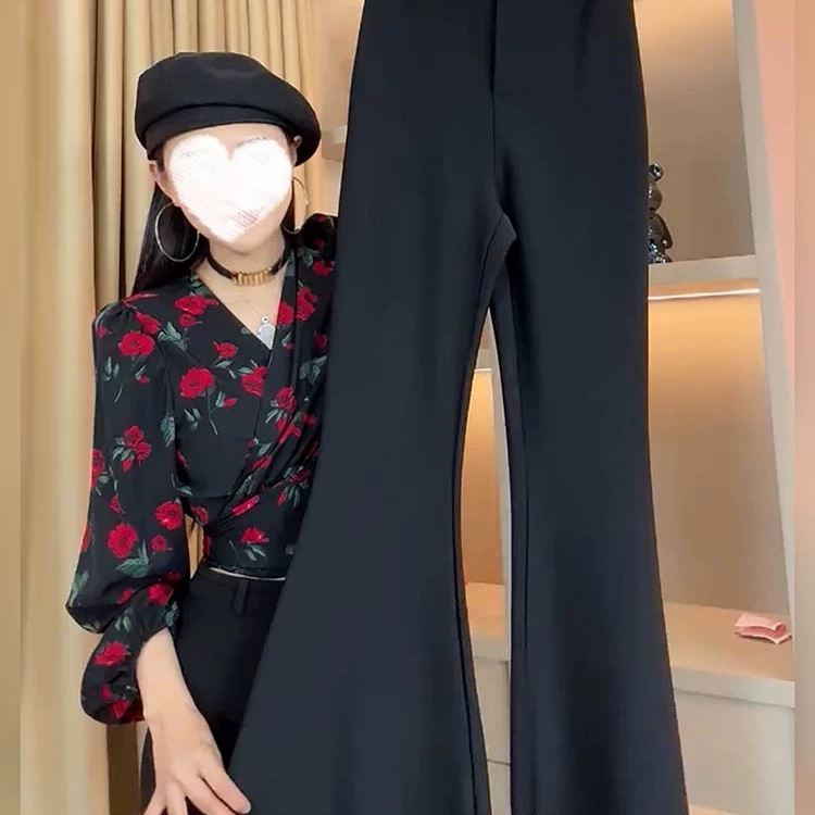 喇叭裤女秋冬加绒加厚黑色裤子高腰显瘦拖地裤垂感休闲长裤西装裤